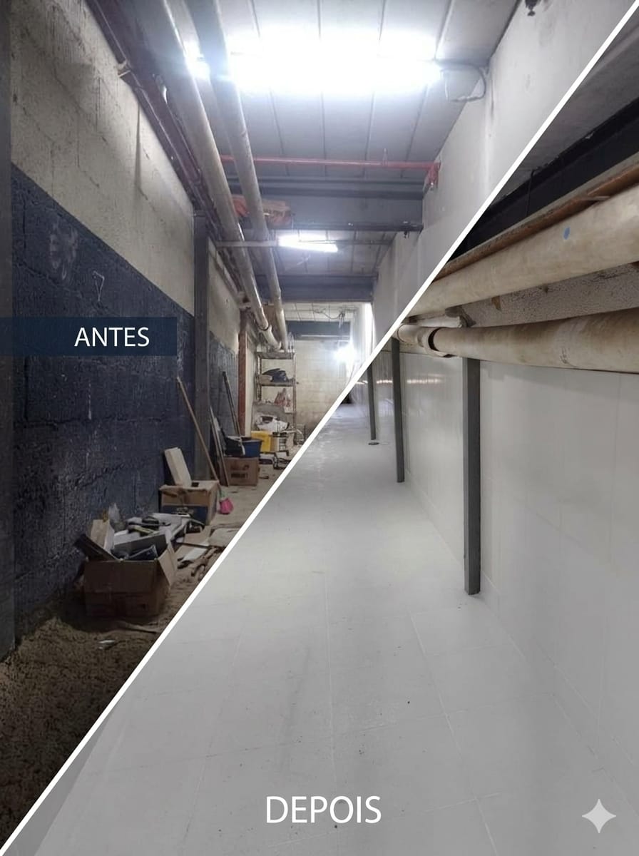 Corredor de loja Extra antes e depois da colocação de revestimento e piso